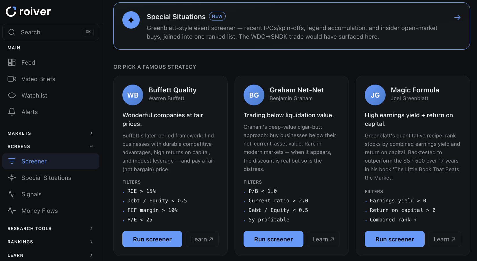 Roiver screener — famous-investor strategies like Buffett Quality, Graham Net-Net and Magic Formula